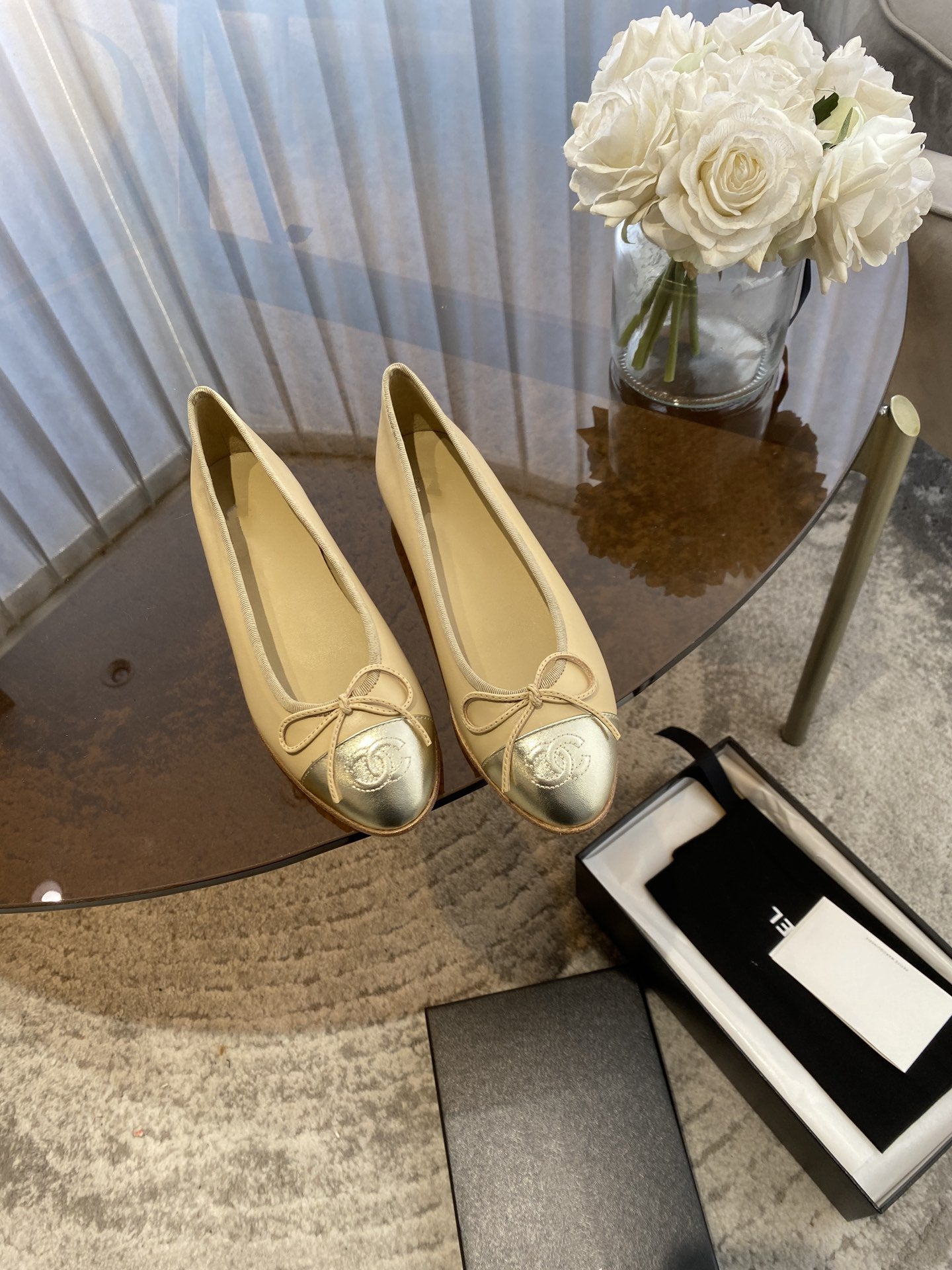 BALLET FLATS BEIGE SILVER LAMBSKIN CANVAS