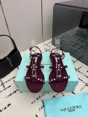 AQUAZZURA 26S FLAT SANDALS IN DARK RED SUEDE CRYSTAL-EMBELLISHED