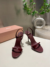 TWO STRAP HIGH HEELED SANDALS IN WINE RED GLOSSY SHEEPSKIN