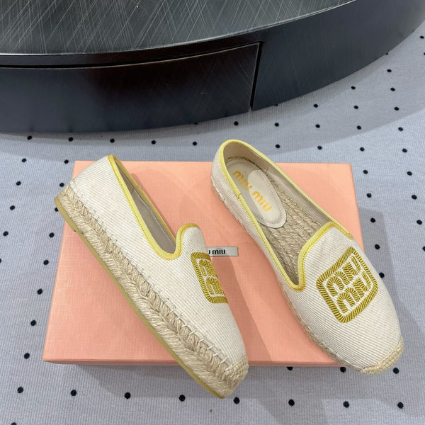 Loafer Shoes Ivory With Yellow Border Fabric Linen