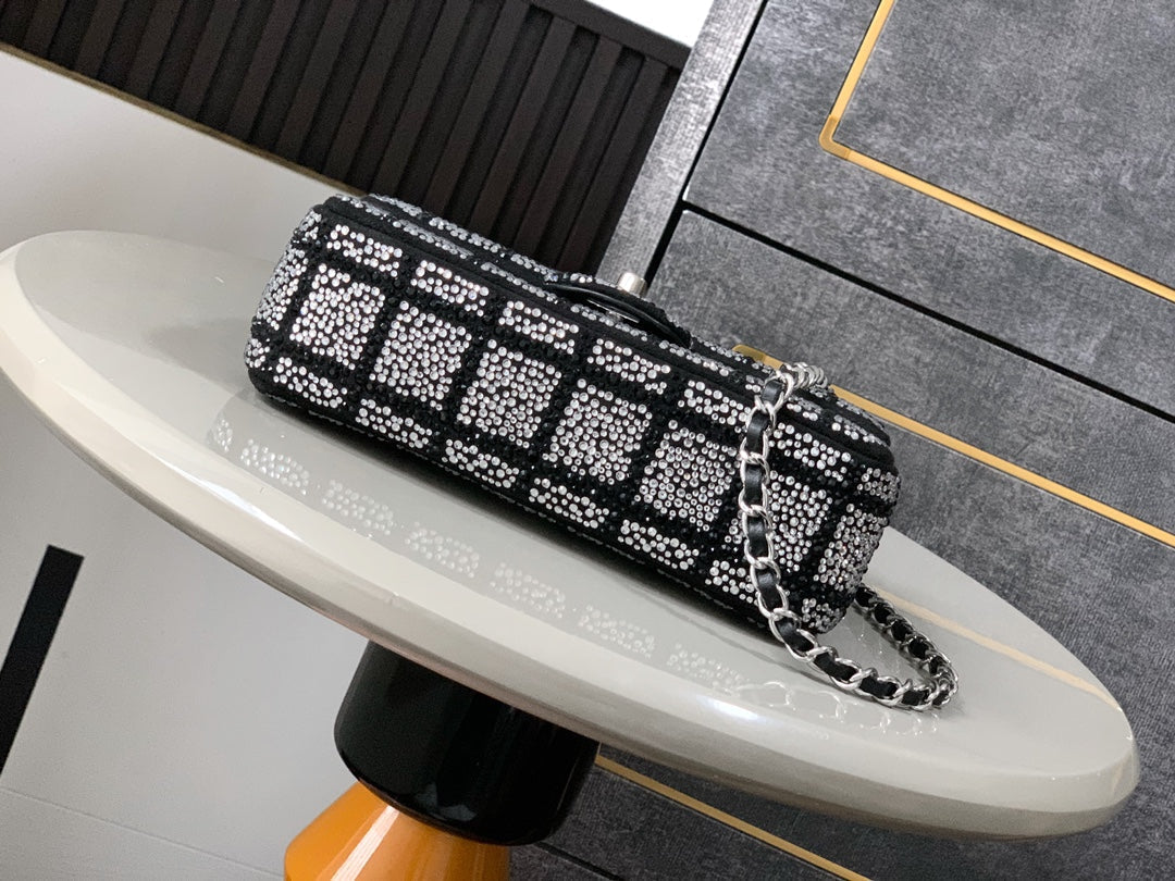 CHANEL 26S CLASSIC FLAP BAG 20 IN BLACK AND WHITE CRYSTAL